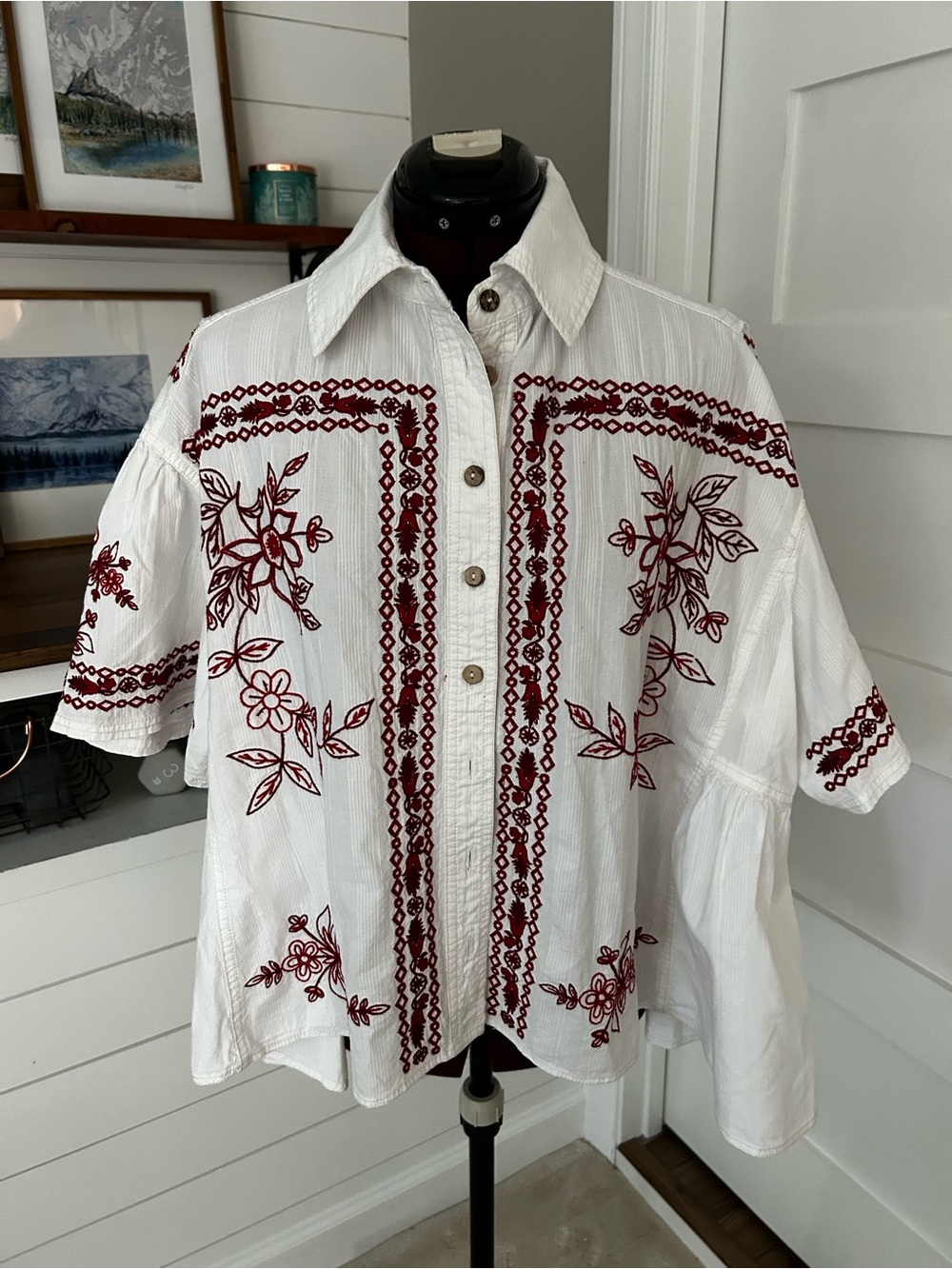 We the Free White Oversized Blouse with Red Floral Embroidery